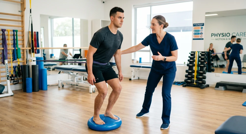 Patient performing guided rehabilitation exercises in a physiotherapy clinic to build strength and independence.