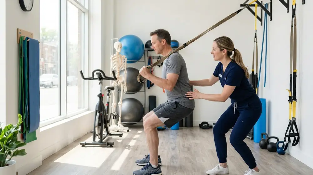 Progressive Rehabilitation at Sterling Physiotherapy Patient performing guided strength and conditioning exercises as part of a shockwave therapy recovery plan.