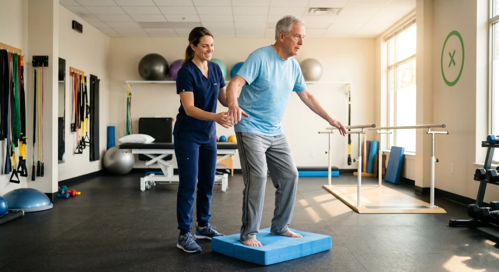 dizziness physiotherapy Hamilton A patient performing balance training exercises with a physiotherapist to improve stability and reduce dizziness