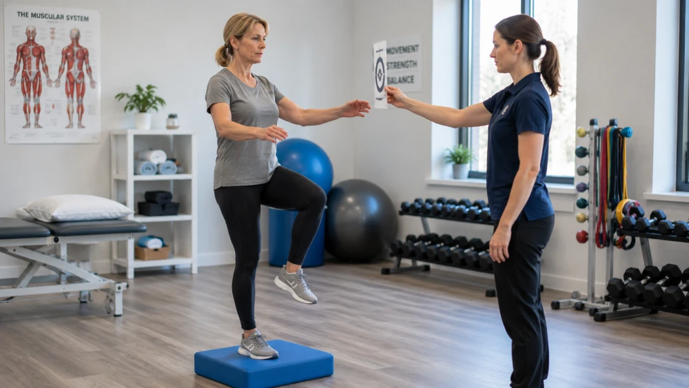 A patient performing balance training exercises as part of vestibular rehabilitation for vertigo recovery.