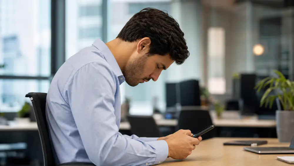 tech neck syndrome Person demonstrating poor forward head posture while using a smartphone, leading to tech neck.