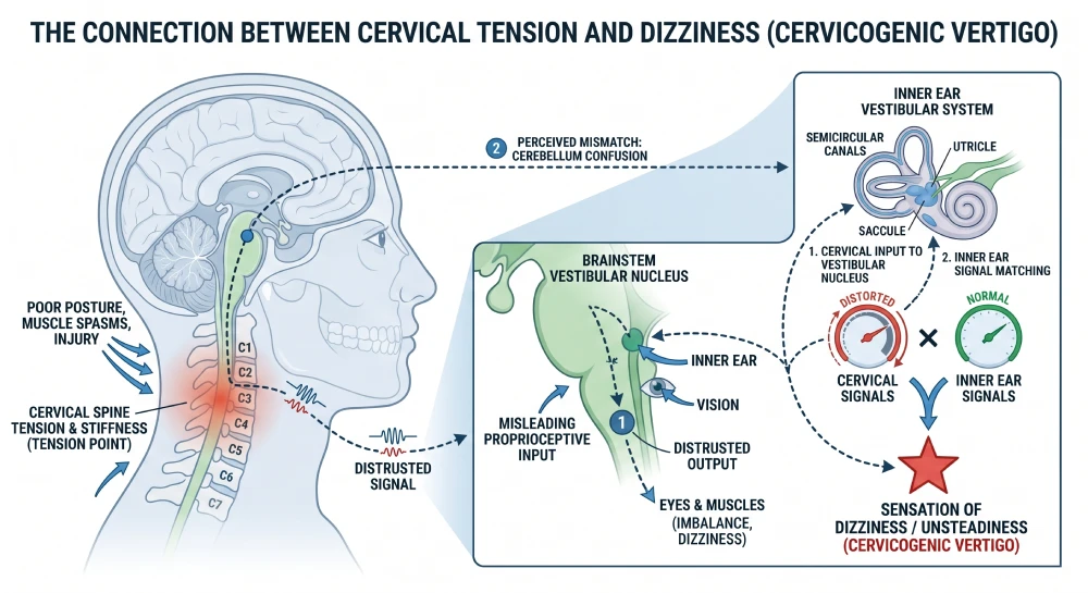vertigo treatment Hamilton An anatomical illustration showing the connection between neck tension, cervical spine issues and feelings of dizziness