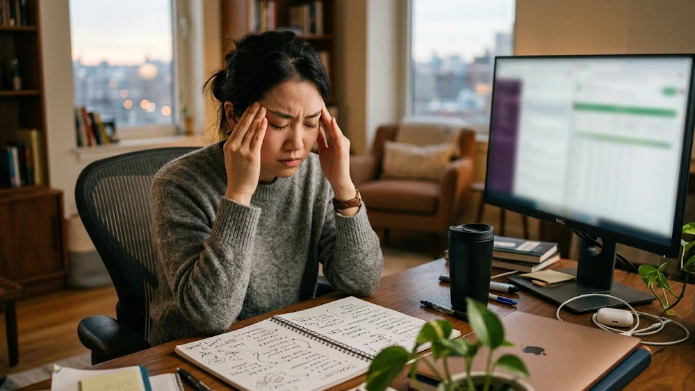 signs of a concussion A person experiencing cognitive concussion symptoms such as brain fog, headaches, and difficulty concentrating at work.