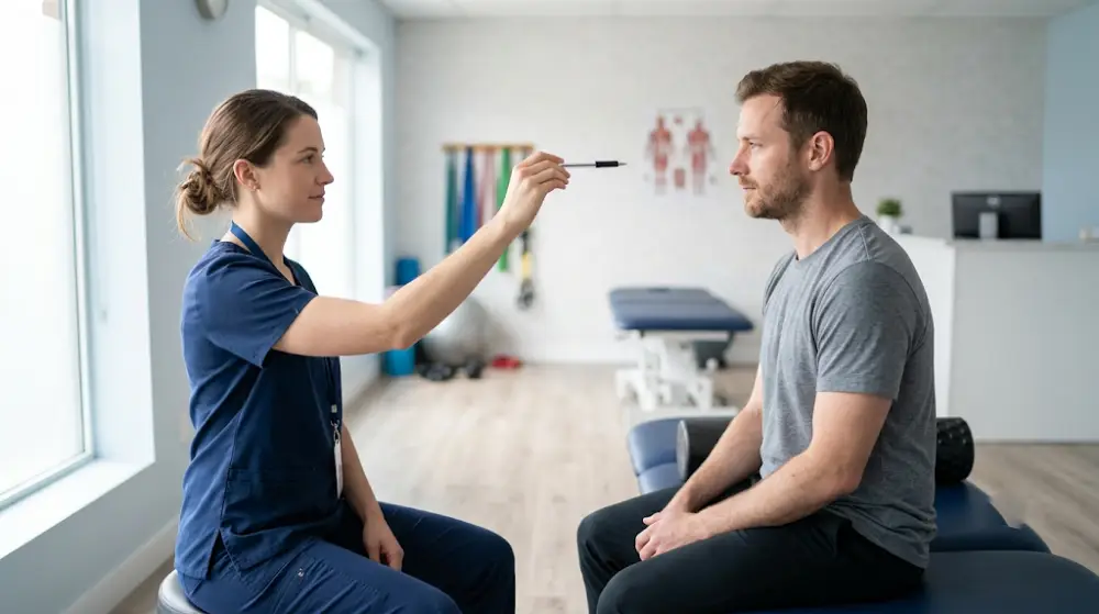 Physiotherapist guiding a patient through an eye-tracking exercise during concussion rehabilitation in Hamilton