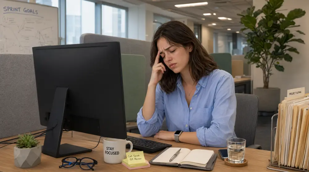post concussion physiotherapy A professional experiencing concussion symptoms like headache, fatigue, and brain fog while trying to work at a computer.