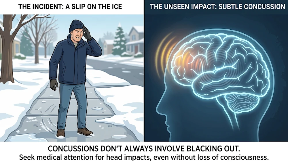 concussion symptoms An illustration showing that you do not need to lose consciousness to suffer a concussion from a fall or bump.