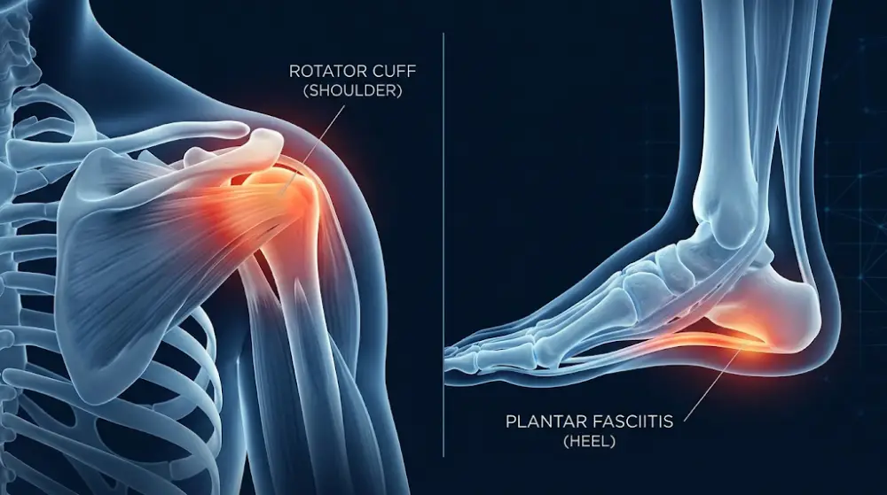 Shockwave Therapy Treatments for Foot and Shoulder Pain Diagram highlighting common conditions like plantar fasciitis and rotator cuff tendinitis treated with shockwave therapy.
