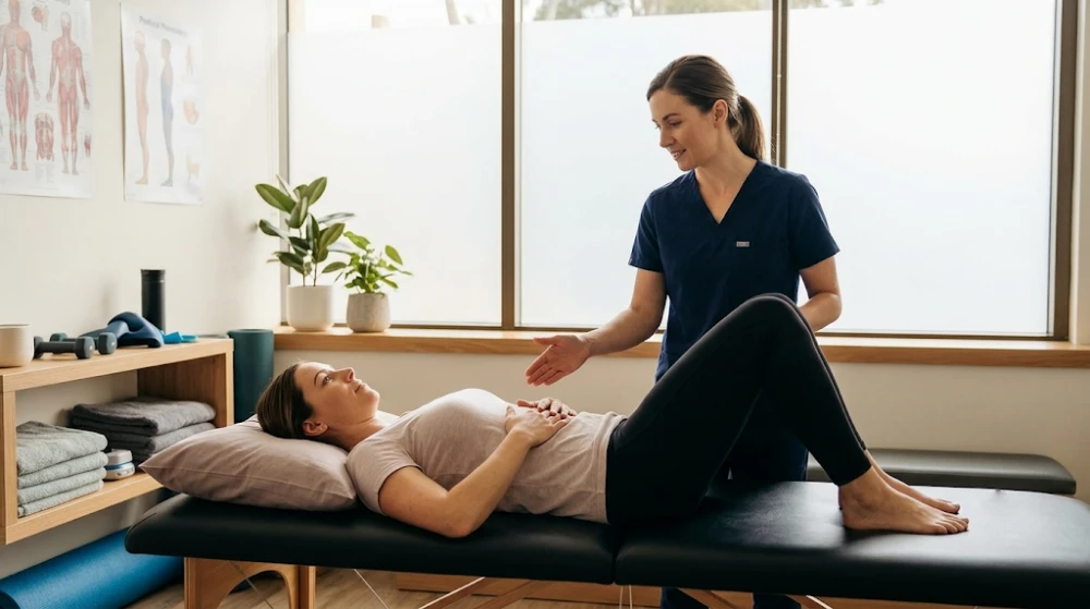 Physiotherapist guiding a patient through diaphragmatic breathing and pelvic floor relaxation exercises on a mat