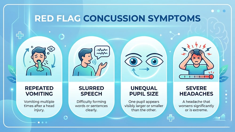 concussion treatment An infographic detailing the red flag concussion symptoms that require immediate emergency medical care.