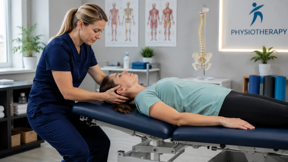 A physiotherapist performing the Epley Maneuver to treat a patient's Benign Paroxysmal Positional Vertigo (BPPV).