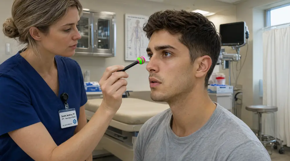 Physiotherapist guiding a patient through visual tracking and eye movement exercises for post-concussion syndrome.