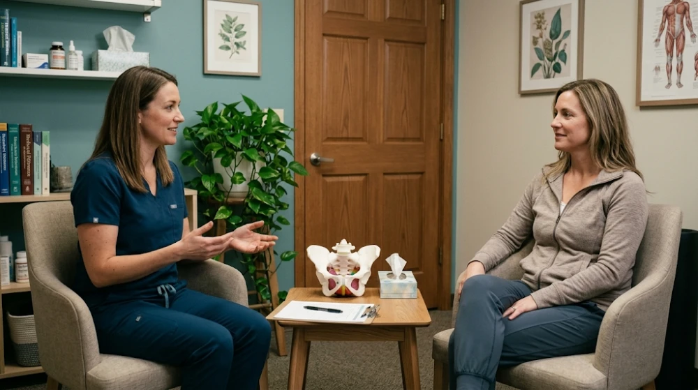 Physiotherapist explaining a pelvic anatomy model to a patient during a private initial pelvic floor consultation in Hamilton