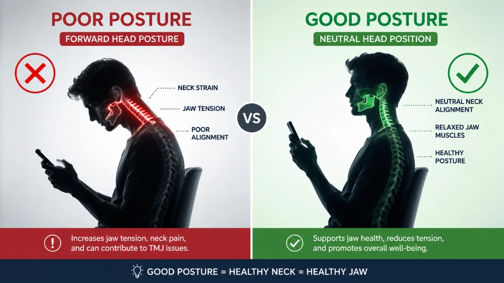 An illustration demonstrating how forward head posture puts strain on the neck and TMJ, leading to jaw clicking.