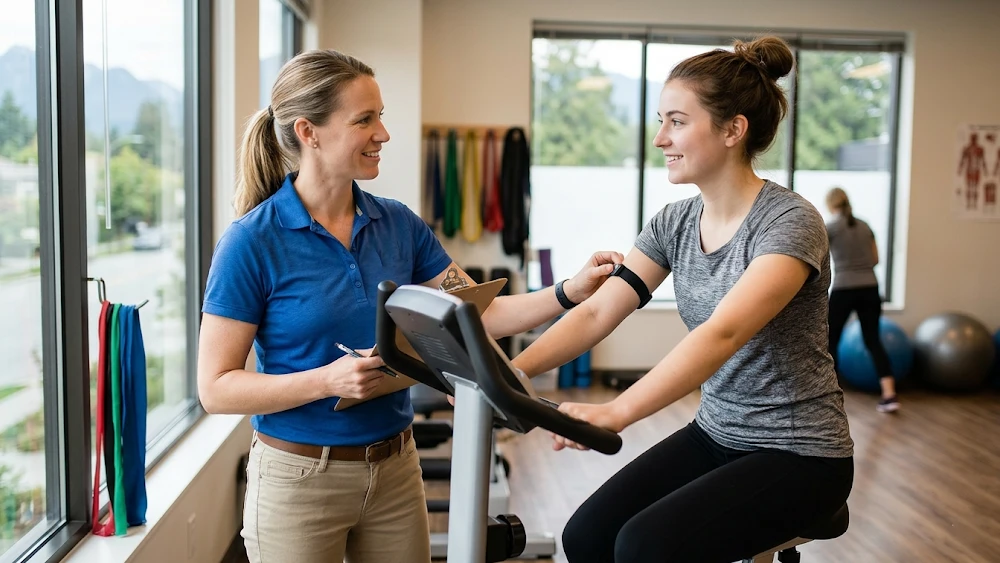 physiotherapy for concussion A physiotherapist supervising a patient during a guided active recovery exercise after a concussion.