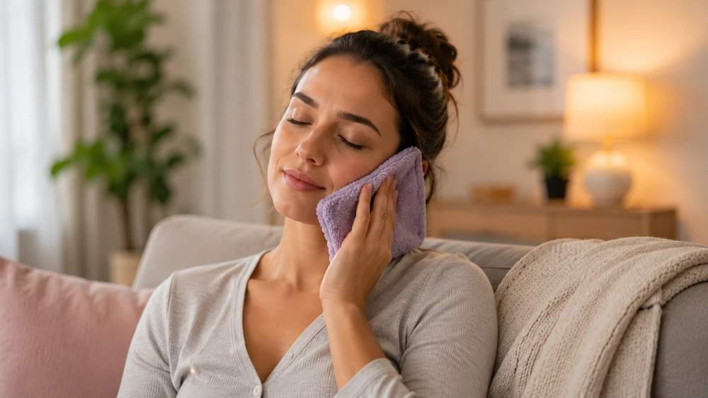 A person applying a warm compress to their jaw at home to relieve TMJ pain and muscle tightness.