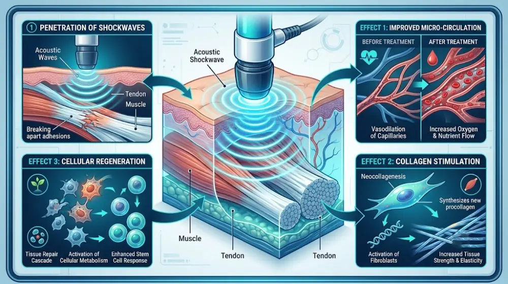 shockwave treatment Hamilton Medical infographic illustration showing acoustic soundwaves stimulating collagen repair and blood circulation in injured tendon tissue