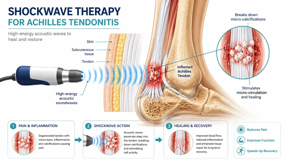 Diagram showing acoustic shockwaves penetrating human tissue to heal calcified tendinopathy.