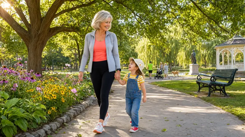 Dizziness Treatment Hamilton Happy woman confidently walking outside after successful vestibular physiotherapy for balance