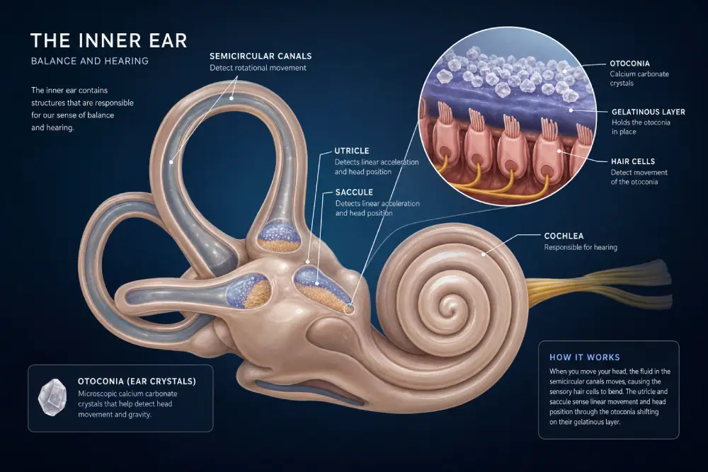 dizziness after BPPV treatment Medical diagram of inner ear semicircular canals showing BPPV ear crystals.