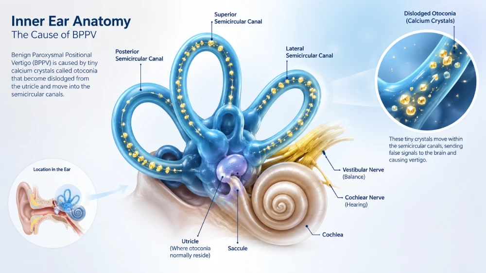 A medical illustration showing displaced inner ear crystals in the semicircular canals, which cause BPPV and sudden dizziness.
