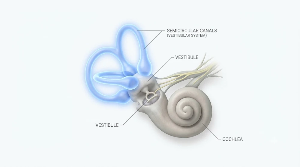 Diagram of the inner ear showing the vestibular system responsible for balance