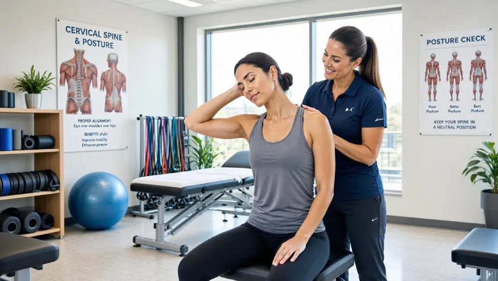 TMJ treatment Hamilton Patient doing neck and posture exercises guided by a physiotherapist.