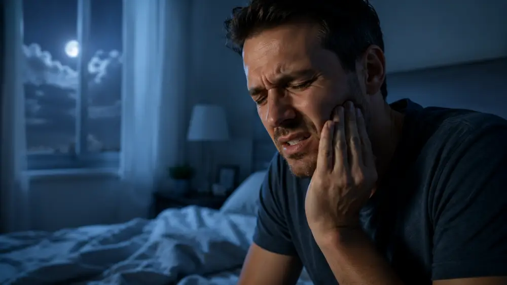 jaw pain physiotherapy A person holding their sore jaw in bed, suffering from pain caused by teeth grinding.