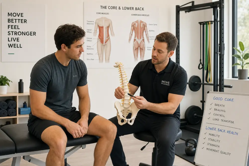 pelvic floor therapy Hamilton Male patient receiving core and pelvic health consultation at Sterling Physiotherapy.