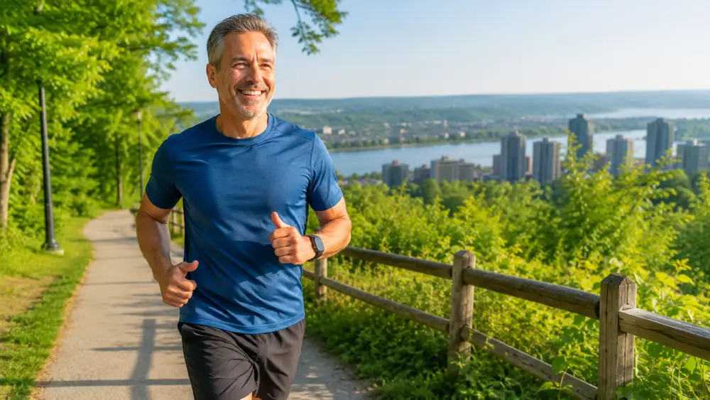 Patient enjoying a pain-free outdoor jog in Hamilton after recovering through physiotherapy.