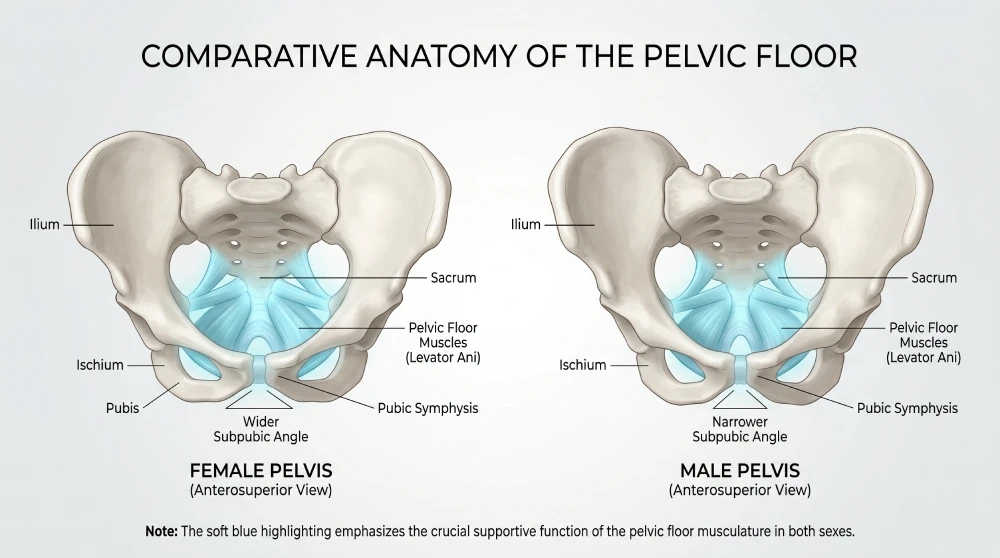 pelvic floor physiotherapy Hamilton A medical illustration showing the hammock-like structure of the pelvic floor muscles in both men and women.
