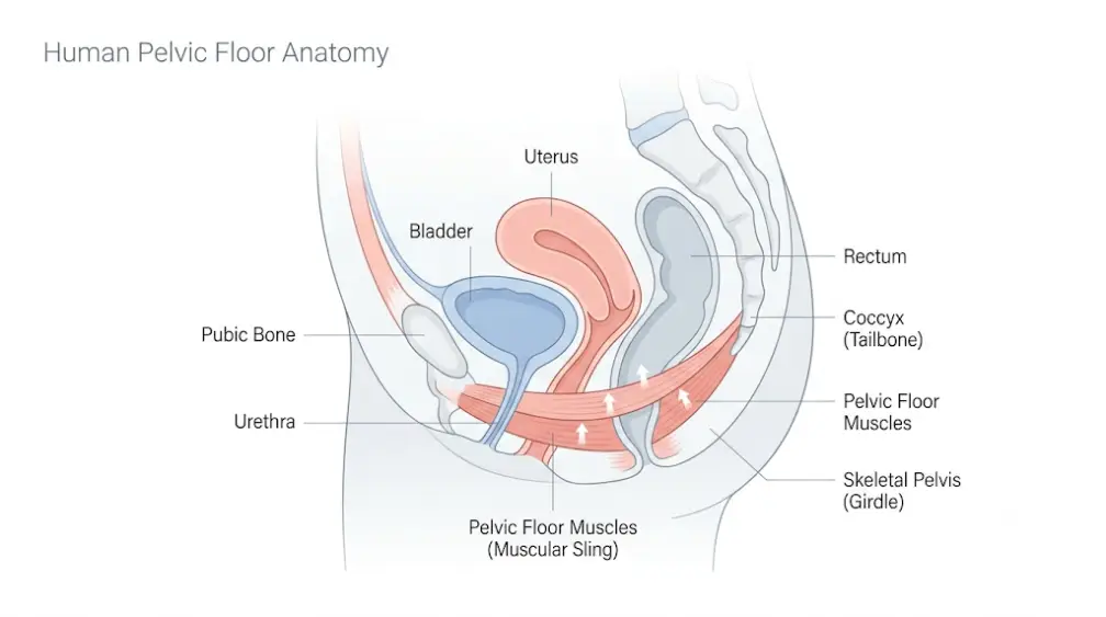 Anatomy of the Human Pelvic Floor Anatomical diagram showing the pelvic floor muscles supporting the bladder, bowel, and uterus