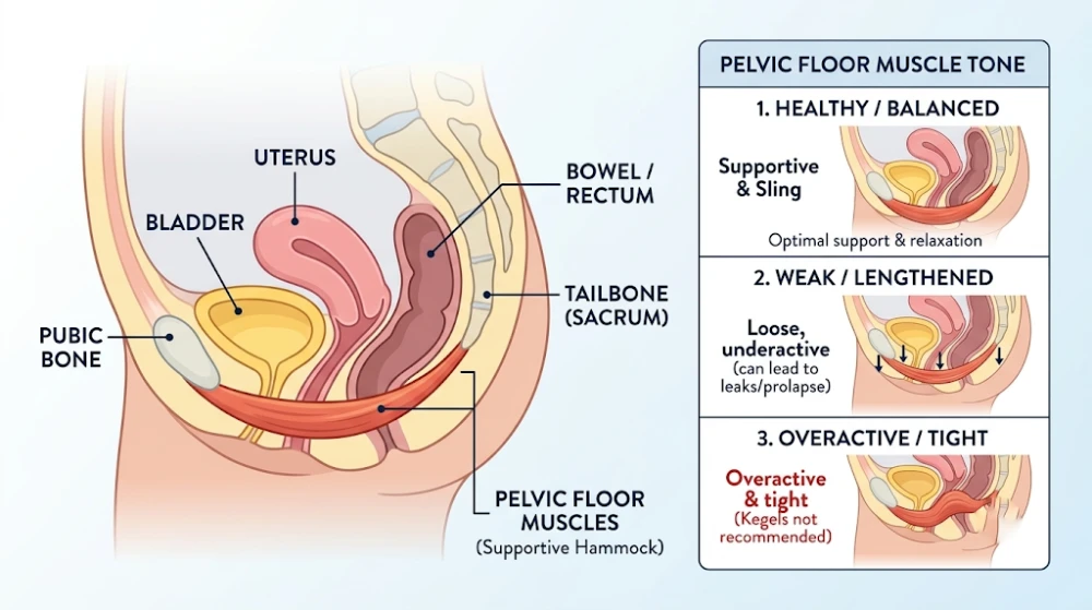 Medical illustration showing the pelvic floor muscle hammock supporting the bladder, bowel, and uterus inside the pelvis