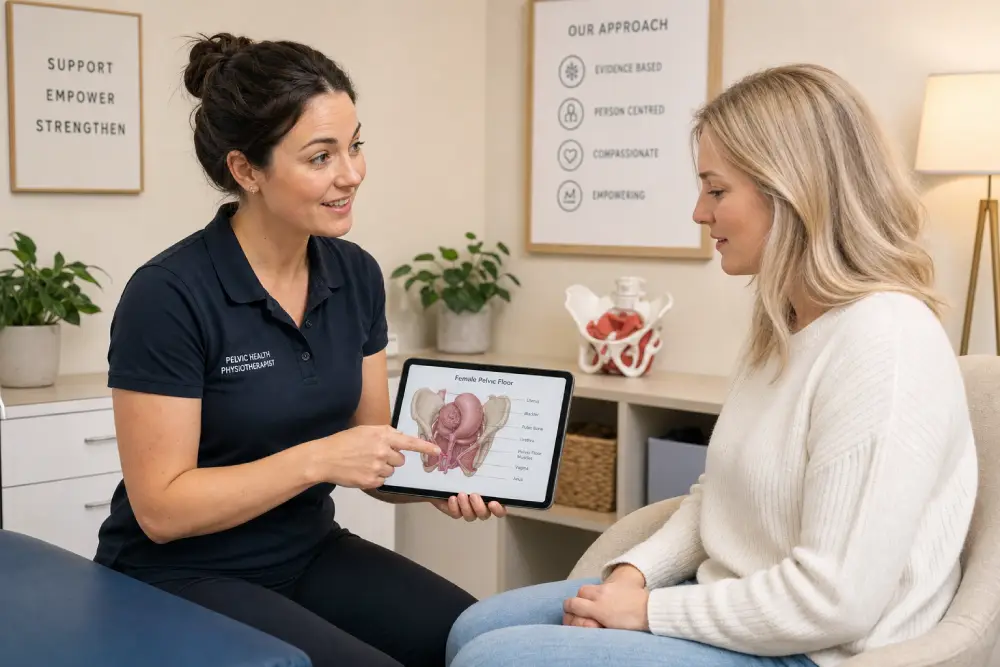 pelvic floor physiotherapy Hamilton Pelvic floor physiotherapist discussing treatment options with a patient in a private Hamilton clinic.