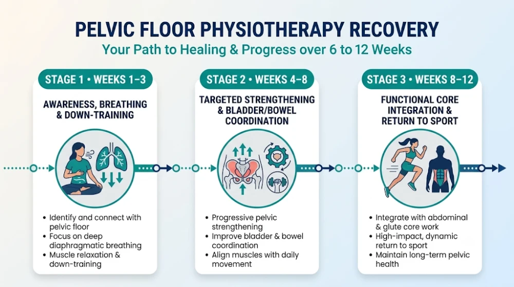 Infographic showing the 6 to 12 week recovery timeline for pelvic floor physiotherapy from initial assessment to symptom relief