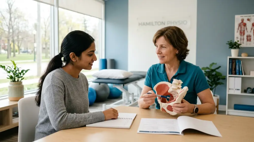 Pelvic Floor Physiotherapy Consultation Physiotherapist discussing pelvic floor health and treatment plan with a patient