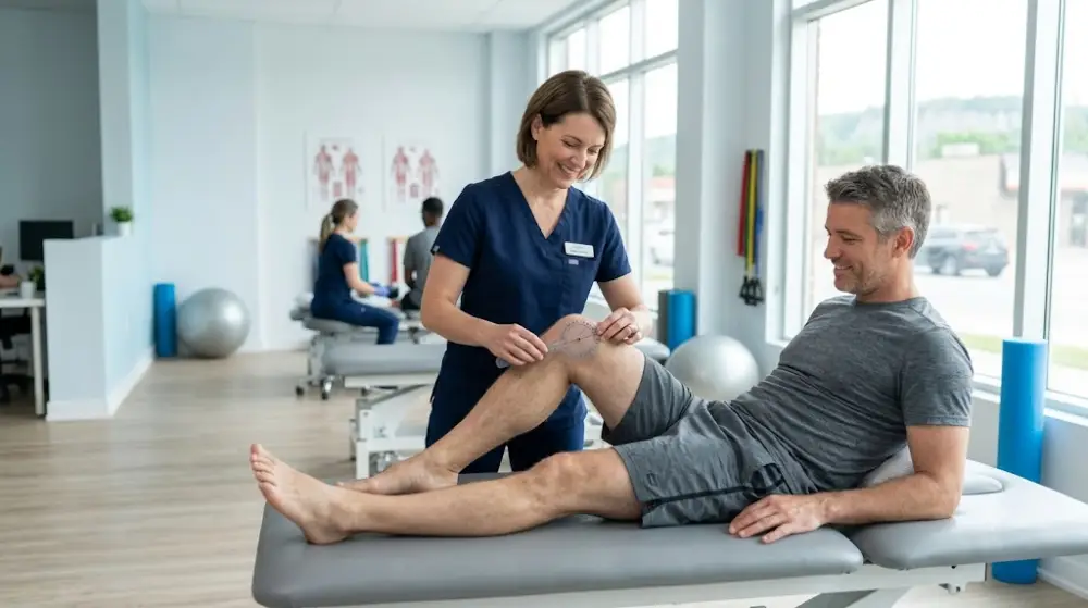 shockwave physiotherapy Hamilton Friendly physiotherapist conducting physical examination and consultation with a patient in a modern Hamilton rehabilitation clinic