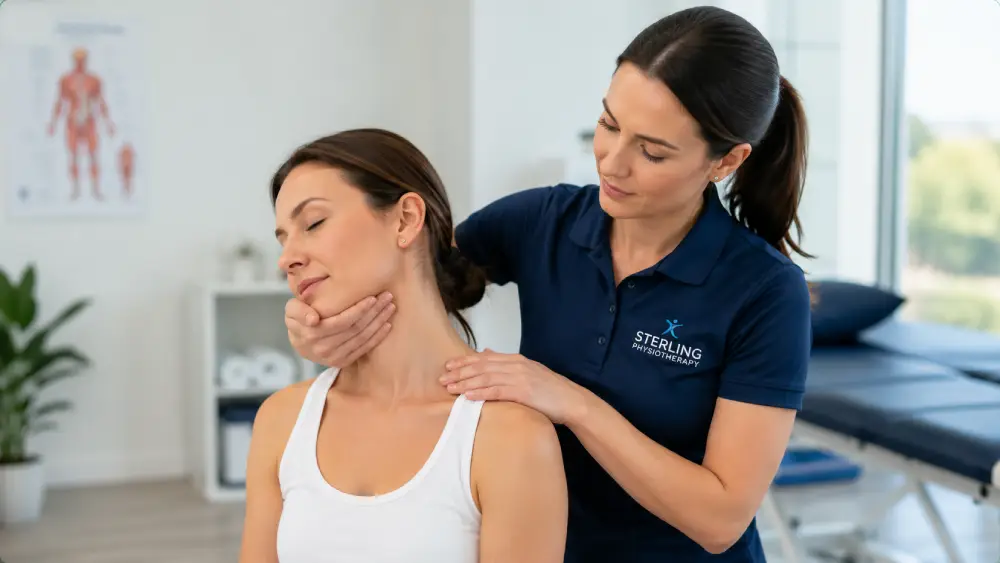 temporomandibular joint disorder A physiotherapist providing manual therapy massage to a patient for jaw pain relief.