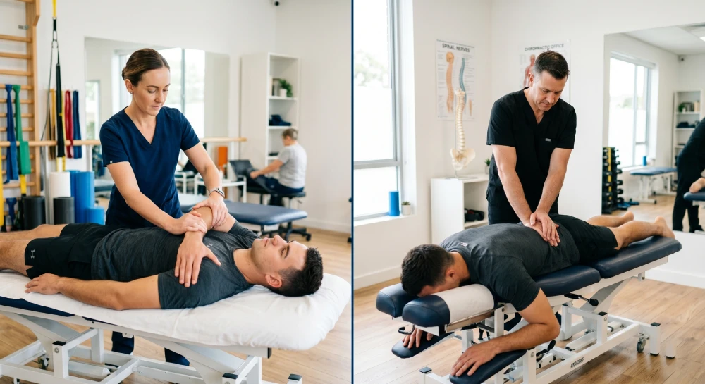 A comparison showing a physiotherapist performing soft tissue therapy and a chiropractor performing a spinal adjustment.