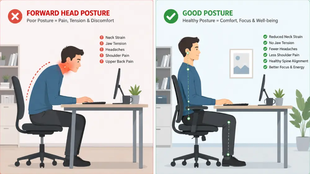 TMJ physiotherapy Hamilton Illustration showing how poor forward head posture at a desk can contribute to jaw and neck tension compared to good posture.