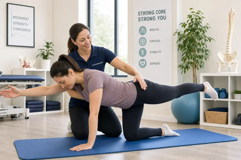 pelvic health physiotherapy Postpartum woman performing guided core and pelvic floor stabilization exercises.