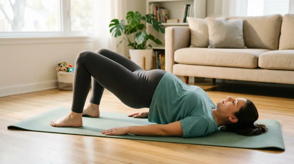 Postpartum Core and Pelvic Floor Exercises Woman performing postpartum pelvic floor strengthening exercises on a yoga mat