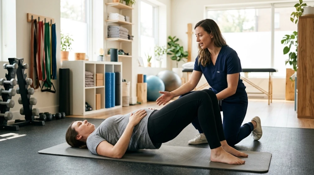 Postpartum mother doing gentle core and pelvic floor rehabilitation exercises with a physiotherapist in Hamilton