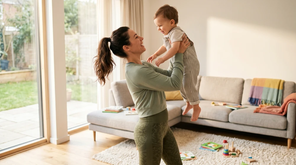 postpartum physiotherapy A mother lifting her child without pain or leakage, demonstrating the benefits of postpartum pelvic floor physiotherapy.