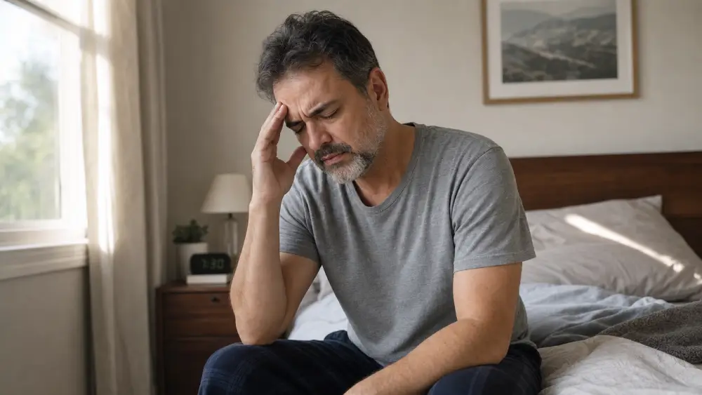 BPPV treatment Person sitting on bed experiencing residual dizziness and unsteadiness after BPPV treatment.