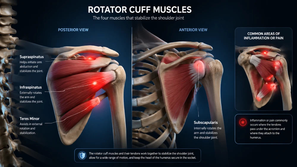 rotator cuff tendinopathy treatment A medical illustration showing the four muscles of the rotator cuff and common areas of shoulder pain.