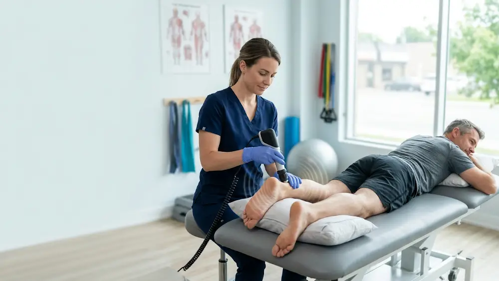 ESWT Hamilton Licensed physiotherapist applying acoustic shockwave therapy device to patient heel for plantar fasciitis treatment in Hamilton clinic