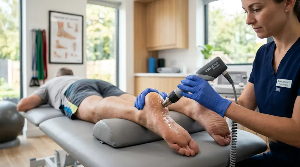 shockwave therapy Hamilton Alt Text: Physiotherapist applying handheld radial shockwave wand to patient outer elbow for tennis elbow relief