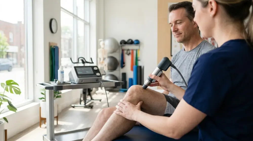 Shockwave Therapy Treatment Session in Hamilton Physiotherapist in Hamilton administering shockwave therapy to a patient's knee joint.