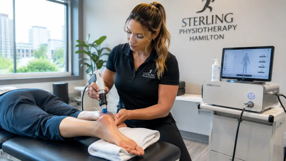 Licensed physiotherapist performing shockwave therapy on a patient's heel at Sterling Physiotherapy Hamilton.
