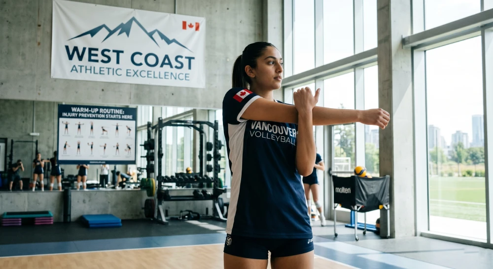 A young overhead athlete stretching her shoulder to prevent common sports-related joint injuries.